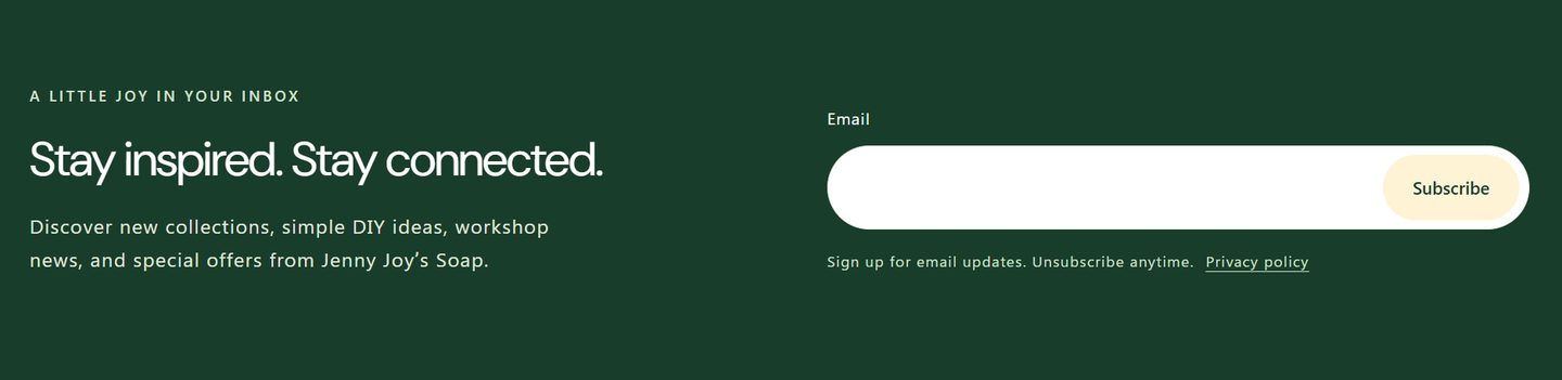 Jenny Joy's Soap email signup after: a branded green section titled 'Stay inspired. Stay connected.'