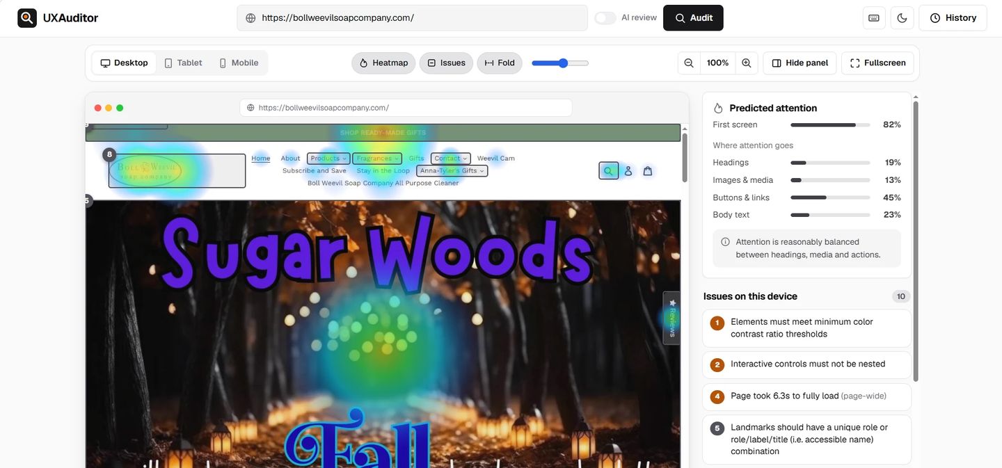 UXAuditor report for a soap store homepage: an attention heatmap over the page, attention scores, and a numbered list of UX and accessibility issues